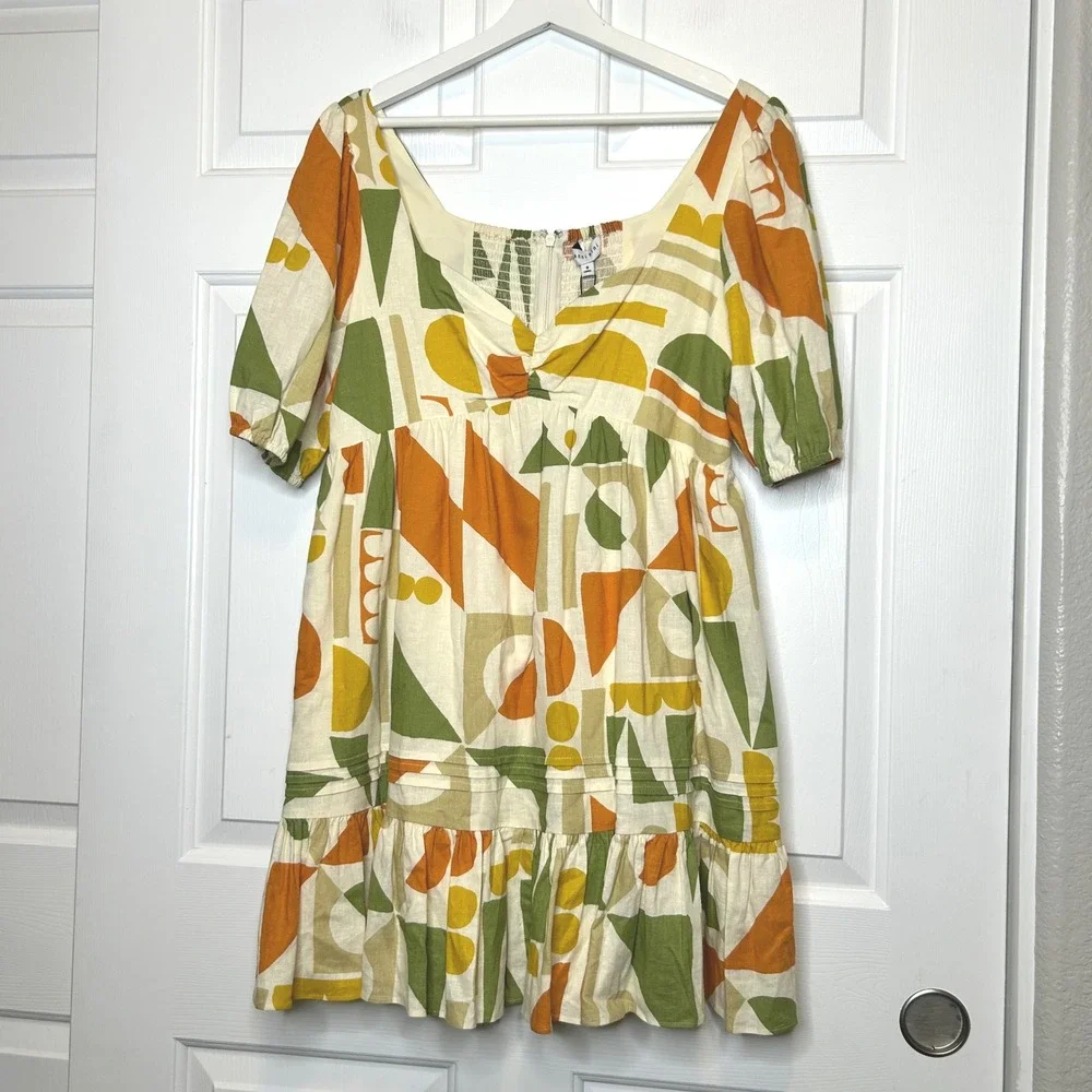 Gianni Bini NWT Tory Linen Orange Green Geometric Print Mini‎ Dress Size 8